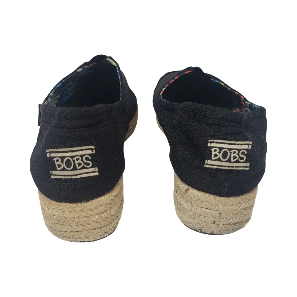 BOBS from Skechers Women 8.5 Black Canvas Espadrille Platform Slip On Flats